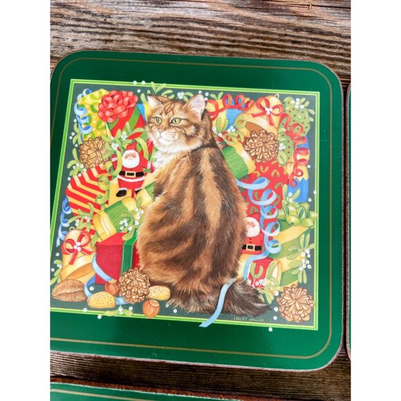 Vintage 1970s Pimpernal England Set of 6 Christmas Cat Kitty Coasters - Picture 2 of 10